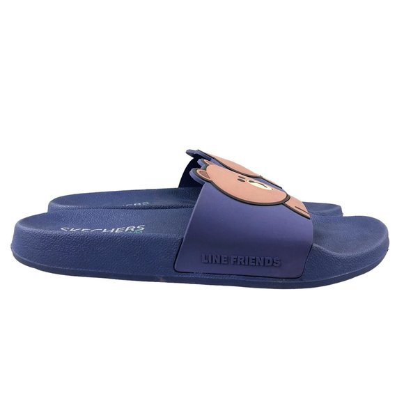 Skechers Women's Size 9** Line Friends Plush Foam Brown Bear Blue Slides Sandals - Picture 1 of 11